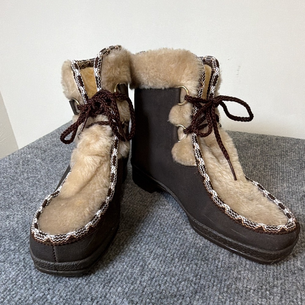 Vintage Snowland Women's Brown/Beige Fur Lined Lace-Up Ankle Bootie US 8 M 47236